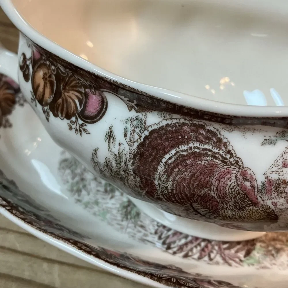 Johnson Brothers Autumn monarch Turkey Gravy Boat Sauce bowl w/plate NWT Sticker